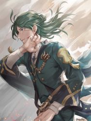 Rule 34 | 1boy, artist name, blue jacket, brooch, commentary request, cuts, fire emblem, fire emblem: three houses, floating hair, from side, green hair, grey eyes, highres, hoshi no ramufuu, injury, jacket, jewelry, linhardt von hevring, long hair, long sleeves, male focus, nintendo, profile, twitter username, upper body