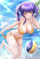Rule 34 | 1girl, absurdres, azur lane, ball, bare shoulders, beach, beachball, bent over, bikini, blue sky, breasts, cleavage, cloud, cloudy sky, collarbone, commentary request, day, hair between eyes, highres, holding, horizon, jyu-so, large breasts, long hair, midriff, navel, ocean, official alternate costume, outdoors, parted lips, pola (azur lane), pola (seaside coincidence) (azur lane), purple hair, red eyes, revision, sidelocks, sky, solo, spaghetti strap, starfish, sunlight, swimsuit, thighhighs, twintails, water drop, wet, wet clothes, white thighhighs, yellow bikini