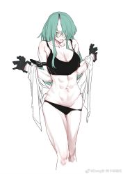 Rule 34 | 1girl, abs, arknights, artist name, black bra, black gloves, black panties, bra, breasts, cleavage, dong (wandong44944), gloves, green hair, hair over one eye, highres, horns, hoshiguma (arknights), large breasts, long hair, navel, off shoulder, open clothes, open shirt, panties, panty pull, sidelocks, simple background, single horn, solo, underwear, underwear only, undressing, weibo watermark, white background, yellow eyes