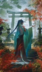 Rule 34 | 1girl, blue hair, from behind, genshin impact, highres, kantakerro, leaf, long hair, maple leaf, maple tree, mountain, outdoors, solo, stairs, standing, stone lantern, stone stairs, torii, tree, xianyun (genshin impact)