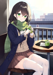 Rule 34 | 1girl, absurdres, black hair, blue jacket, blush, brown cardigan, brown skirt, cardigan, closed mouth, commentary request, cup, disposable cup, fringe trim, green eyes, green scarf, hair between eyes, highres, holding, holding cup, jacket, long hair, long sleeves, looking at viewer, ochinsama, open clothes, open jacket, original, plaid, plaid scarf, plaid skirt, pleated skirt, railing, scarf, school uniform, sitting, skirt, sleeves past wrists, smile, solo, starbucks, stool, table, thighhighs, very long hair, white thighhighs