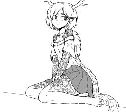 Rule 34 | 1girl, antlers, bare shoulders, blonde hair, breasts, closed mouth, collarbone, dragon girl, dragon horns, dragon tail, formicid, full-body tattoo, full body, greyscale, horns, jaggy lines, kicchou yachie, monochrome, oekaki, pointy ears, red eyes, seiza, shirt, short hair, short sleeves, simple background, sitting, skirt, solo, tail, tattoo, touhou, turtle shell, white background