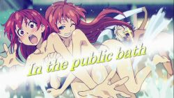 Rule 34 | 00s, 3girls, bath, blonde hair, blush, grabbing another&#039;s breast, breasts, cecily cambell, censored, doris (seiken no blacksmith), embarrassed, eyecatch, grabbing, margot (seiken no blacksmith), multiple girls, nude, red hair, screencap, seiken no blacksmith, towel
