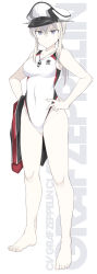 Rule 34 | 1girl, bare arms, bare legs, bare shoulders, barefoot, blonde hair, breasts, character name, closed mouth, clothes writing, collarbone, competition swimsuit, full body, graf zeppelin (kancolle), groin, hair between eyes, hands on own hips, hat, highres, kantai collection, large breasts, long hair, military hat, one-piece swimsuit, peaked cap, purple eyes, shigino sohuzi, sidelocks, smile, solo, swimsuit, toes, twintails, whistle, whistle around neck, white background, white one-piece swimsuit
