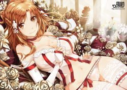 Rule 34 | 10s, 1girl, asuna (sao), bare shoulders, beancurd, bed, braid, breasts, brown eyes, brown hair, bustier, choker, cleavage, flower, hair flower, hair ornament, hand on own hip, indoors, lace, lace-trimmed legwear, lace trim, bridal garter, long hair, looking at viewer, lying, navel, on back, panties, smile, solo, strap slip, sword art online, thigh strap, thighhighs, underwear, wet, wet clothes, wet panties, window