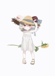 Rule 34 | 1girl, alternate costume, arolayukomori, blush, brown footwear, closed mouth, commentary request, curled horns, curly hair, dress, earrings, expressionless, flat chest, flower, full body, hand on headwear, hat, highres, holding, holding flower, horizontal pupils, horns, jewelry, looking at viewer, medium bangs, medium hair, pointy ears, red eyes, red horns, sandals, simple background, solo, standing, sun hat, sundress, sunflower, touhou, toutetsu yuuma, white background, white dress, yellow flower