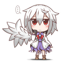 Rule 34 | ..., 1girl, cellphone, chibi, feiton, highres, holding, kishin sagume, looking at viewer, phone, red eyes, short hair, simple background, single wing, smartphone, solo, touhou, white background, white hair, wings