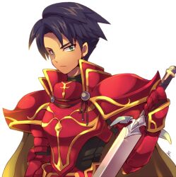 Rule 34 | 1boy, armor, black hair, brown cape, cape, closed mouth, fire emblem, fire emblem: radiant dawn, green eyes, holding, holding sword, holding weapon, kotorai, looking at viewer, male focus, nintendo, red armor, short hair, signature, simple background, solo, sword, upper body, weapon, white background, zelgius (fire emblem)