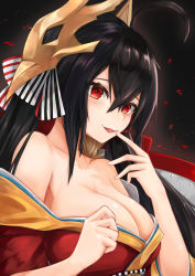 Rule 34 | 1girl, :p, ahoge, azur lane, bare shoulders, black hair, blush, breasts, cleavage, collarbone, hair ornament, highres, large breasts, long hair, looking at viewer, red eyes, ribbon, ryara, solo, striped ribbon, taihou (azur lane), tongue, tongue out, upper body