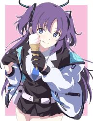 Rule 34 | 1girl, black halo, black jacket, black skirt, blazer, blue archive, blue eyes, blue necktie, border, breasts, dress shirt, food, food on face, halo, holding, holding ice cream cone, ice cream, ice cream cone, jacket, jacket partially removed, long hair, long sleeves, looking at viewer, mechanical halo, medium breasts, minasato hibiki, miniskirt, necktie, outline, outside border, parted bangs, pink background, pleated skirt, purple hair, shirt, skirt, soft serve, solo, triangle hair ornament, two-sided fabric, two-sided jacket, two-tone background, two side up, upper body, white border, white jacket, white outline, white shirt, yuuka (blue archive)