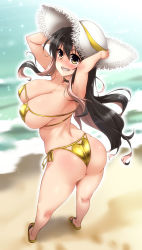 Rule 34 | 1girl, absurdres, alternate costume, armpits, arms behind back, arms behind head, arms up, ass, back, bare arms, bare legs, bare shoulders, beach, bikini, black hair, blush, breasts, choker, cleavage, commentary request, curvy, from behind, full body, gold bikini, grin, hands on headwear, hat, hat ribbon, highres, huge breasts, kantai collection, long hair, looking at viewer, looking back, multicolored hair, naganami (kancolle), outdoors, pink hair, ribbon, sand, sandals, side-tie bikini bottom, sideboob, skindentation, smile, solo, standing, straw hat, string bikini, swimsuit, thighs, two-tone hair, water, wavy hair, white hat, yellow bikini, yellow eyes, yoshi tama
