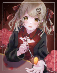 Rule 34 | 1girl, alternate costume, azusawa kohane, black jacket, blonde hair, blush, brown eyes, brown nails, chocolate, clothing cutout, dot nose, earrings, feeding, flower, fork, hair ornament, hair ribbon, hairclip, heart, heart earrings, heart hair ornament, highres, holding, jacket, jewelry, long hair, long sleeves, looking at viewer, nail art, open mouth, project sekai, red flower, red rose, ribbon, rose, shirt, short twintails, sidelocks, smile, solo, striped ribbon, swept bangs, table, toujou kanon, twintails, valentine