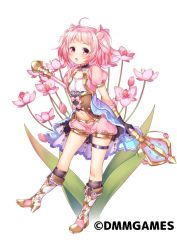 Rule 34 | 1girl, :o, black choker, black gloves, bloomers, boots, bow, choker, flower, flower knight girl, full body, gloves, hanai (flower knight girl), holding, holding weapon, knee boots, looking at viewer, name connection, navel, object namesake, official art, pink bloomers, pink bow, pink eyes, pink hair, short hair, short twintails, shouni (sato3), solo, staff, standing, thighlet, twintails, underwear, weapon, white background