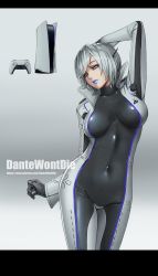 Rule 34 | 1girl, breasts, breasts apart, dantewontdie, game console, gradient background, highres, large breasts, personification, playstation 5, solo, watermark, web address, white hair