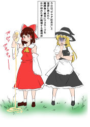Rule 34 | 2girls, :o, apron, ascot, asymmetrical hair, bare shoulders, black dress, blonde hair, blush, bottle, bow, braid, breasts, brown hair, covering own mouth, detached sleeves, dress, frills, full body, grass, hair bow, hair ribbon, hair tubes, hakurei reimu, hat, highres, kirisame marisa, looking at another, multiple girls, nontraditional miko, outdoors, pouring, puffy short sleeves, puffy sleeves, ribbon, shiraue yuu, shirt, shoes, short sleeves, simple background, single braid, skirt, skirt set, small breasts, smile, sweat, touhou, translation request, tress ribbon, turn pale, waist apron, white background, white shirt, witch hat, yellow ascot