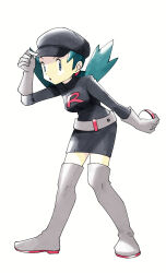 1girl alternate_costume aqua_hair black_hat black_shirt black_skirt boots breasts cabbie_hat commentary_request creatures_(company) full_body game_freak gloves hat highres himurohiromu kris_(pokemon) long_sleeves low_twintails medium_breasts nintendo poke_ball pokemon pokemon_gsc shirt simple_background skirt solo standing team_rocket thigh_boots twintails white_background white_gloves