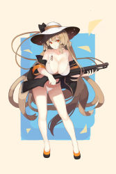 Rule 34 | 1girl, :o, absurdres, bare shoulders, bikini, black jacket, breasts, cleavage, clothes pull, collarbone, full body, girls&#039; frontline, gun, halterneck, highres, holding, holding gun, holding weapon, jacket, jacket pull, jonbur man, large breasts, light brown hair, long hair, looking at viewer, m37 (girls&#039; frontline), m37 (summer parader) (girls&#039; frontline), official alternate costume, open mouth, red eyes, shoes, shotgun, simple background, solo, standing, string bikini, swimsuit, weapon, white bikini, white headwear