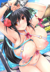 Rule 34 | 1girl, armpits, arms up, beach house, bikini, black hair, bracelet, breasts, brown eyes, dutch angle, female focus, flower, goban, hair flower, hair ornament, halterneck, halterneck, hibiscus, high ponytail, huge breasts, jewelry, large areolae, long hair, looking at viewer, navel, nipples, o-ring, o-ring bikini, original, perspective, pool, pool ladder, poolside, puffy nipples, shower head, skindentation, smile, solo, swimsuit, very long hair, water, wet
