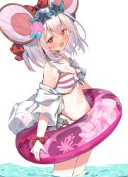 Rule 34 | 1girl, :d, animal ears, bikini, blush, bow, breasts, commentary request, cowboy shot, eip (pepai), eyewear on head, fake animal ears, flower, granblue fantasy, hair bow, hair flower, hair ornament, halterneck, highres, holding, holding swim ring, innertube, looking at viewer, medium breasts, medium hair, navel, off shoulder, open clothes, open mouth, open shirt, pink flower, red bow, red eyes, scrunchie, shirt, simple background, smile, solo, standing, star-shaped eyewear, star (symbol), stomach, striped bikini, striped clothes, sunglasses, swim ring, swimsuit, vikala (blooming summer wallflower) (granblue fantasy), vikala (granblue fantasy), wading, water, white background, white hair, white shirt, wrist scrunchie