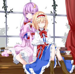 Rule 34 | 2girls, :o, alice margatroid, blonde hair, book, boots, bow, capelet, crescent, crescent hair ornament, cup, curtains, dress, eyelashes, hair bow, hair ornament, hairband, hand on own chest, leaf, leaning on person, lolita hairband, long hair, long sleeves, looking at viewer, multiple girls, nanatuki13, no headwear, no headwear, patchouli knowledge, purple eyes, purple hair, ribbon, robe, sash, short hair, sidelocks, sleeping, teacup, touhou, window