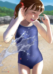 Rule 34 | 1girl, ^ ^, artist name, blue one-piece swimsuit, blue sky, blurry, brown hair, bush, closed eyes, commentary request, competition school swimsuit, cowboy shot, day, depth of field, flat chest, logo, motion blur, mountainous horizon, mu-pyon, one-piece swimsuit, original, outdoors, rock, sand, school swimsuit, short hair, skin tight, sky, smile, solo, splashing, standing, swimsuit, teeth, twintails, water