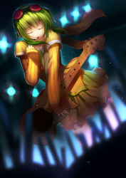 Rule 34 | 1girl, bad id, bad pixiv id, dutch angle, closed eyes, fs-project, goggles, goggles on head, green hair, guitar, gumi, headset, highres, instrument, music, open mouth, orange shirt, shirt, short hair, singing, skirt, solo, stage, sweater, vocaloid