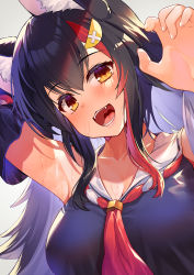 Rule 34 | 1girl, animal ear fluff, animal ears, arm up, armpits, black hair, black shirt, detached sleeves, fang, hair between eyes, hair ornament, hololive, kibanda gohan, multicolored hair, neckerchief, ookami mio, ookami mio (1st costume), open mouth, red hair, red neckerchief, sailor collar, sailor shirt, shirt, sidelocks, solo, sweat, virtual youtuber, wolf ears, wolf girl, yellow eyes