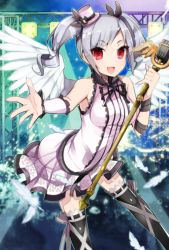 Rule 34 | 10s, 1girl, :d, black thighhighs, feathered wings, hair ornament, hat, holding, idolmaster, idolmaster cinderella girls, kanzaki ranko, leaning forward, looking at viewer, microphone stand, open mouth, reaching, red eyes, silver hair, smile, solo, tetsubuta, thighhighs, twintails, white wings, wings, zettai ryouiki