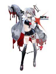 Rule 34 | 1girl, absurdres, black choker, black footwear, black shirt, black shorts, blood, blood splatter, bone, boots, bracelet, broken halo, choker, commission, contrapposto, english text, expressionless, grey eyes, grey hair, grey jacket, halo, heart, highres, jacket, jewelry, knee boots, leather shorts, medium hair, midriff, multicolored hair, navel, open clothes, open jacket, open mouth, original, seoji, shirt, short shorts, shorts, skull, solo, spiked bracelet, spikes, standing, strapless, streaked hair, thigh strap, tube top, very long sleeves, yellow pupils, zombie