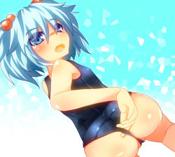Rule 34 | 1girl, ass, bad id, bad pixiv id, blue eyes, blue hair, blush, female focus, flat chest, from behind, hair bobbles, hair ornament, highres, kawashiro nitori, looking back, matching hair/eyes, one-piece swimsuit, open mouth, partially visible vulva, school swimsuit, solo, swimsuit, touhou, twintails, two side up, wedgie, zamudelin