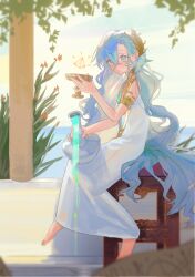 1girl 37_(reverse:1999) :o absurdres akarinchan ancient_greek_clothes armlet barefoot blue_eyes blue_hair bottle cup day flower from_side full_body gold_choker grass greco-roman_clothes hand_up highres holding holding_bottle holding_cup jewelry laurel_crown long_hair looking_at_viewer ocean on_stool orange_flower plant pouring reverse:1999 sitting sky solo tetrahedron very_long_hair vines white_sky