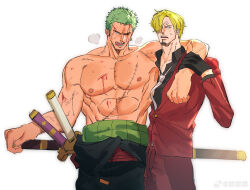 Rule 34 | 2boys, abs, absurdres, arm around shoulder, bara, blonde hair, blood on pectorals, breath, cowboy shot, curly eyebrows, exhausted, facial hair, fighting stance, goatee, green hair, hair over one eye, highres, large hands, large pectorals, looking ahead, male focus, multiple boys, muscular, muscular male, nipples, one piece, pectorals, ready to draw, roronoa zoro, sanji (one piece), scar, scar across eye, short hair, sweetdou3, topless male