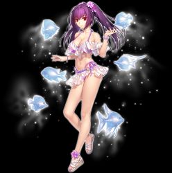 Rule 34 | 1girl, fate/grand order, fate (series), fish, flower, full body, highres, koyama hirokazu, long hair, nail polish, official art, purple hair, red eyes, scathach (fate), scathach skadi (fate), scathach skadi (swimsuit ruler) (fate), scathach skadi (swimsuit ruler) (first ascension) (fate), simple background, solo, swimsuit, transparent background