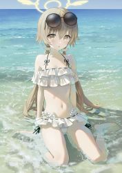 Rule 34 | 1girl, :o, barefoot, bikini, blue archive, blush, breasts, collarbone, eyewear on head, frilled bikini, frills, full body, hair between eyes, hair ornament, halo, halterneck, hifumi (blue archive), hifumi (swimsuit) (blue archive), highres, in water, light brown hair, long hair, looking at viewer, low twintails, navel, ocean, open mouth, partially submerged, sitting, small breasts, solo, sunglasses, swimsuit, twintails, wariza, wasabi60, water, wet, white bikini, wing hair ornament, yellow eyes