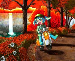 Rule 34 | 1girl, autumn, bad id, bad pixiv id, blue eyes, blue hair, female focus, hair bobbles, hair ornament, kawashiro nitori, matching hair/eyes, motor vehicle, nature, open mouth, scenery, scooter, shiratama (hockey), shirodama, short hair, solo, touhou, traditional media, tree, twintails, two side up, vehicle, water, waterfall