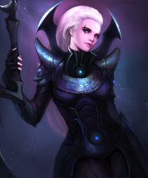 Rule 34 | 1girl, armor, bad id, bad pixiv id, diana (league of legends), facial mark, fingerless gloves, forehead mark, gloves, khopesh, league of legends, long hair, purple eyes, scar, solo, weapon, white hair, yy6242