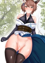 Rule 34 | 1girl, animal ears, bar censor, bare shoulders, belt, black gloves, black thighhighs, blue skirt, blush, braid, breasts, brown belt, brown hair, censored, clothes lift, cowboy shot, day, elbow gloves, flower, fox ears, fumi (nijisanji), gloves, hair between eyes, hair flower, hair ornament, halterneck, highres, japanese clothes, jewelry, large breasts, long hair, looking at viewer, mutou ham, necklace, nijisanji, no panties, nose blush, outdoors, pussy, pussy juice, short hair, side braid, skindentation, skirt, skirt lift, solo, stomach, sweat, swept bangs, thighhighs, tree, virtual youtuber, wind, wind lift, yellow eyes