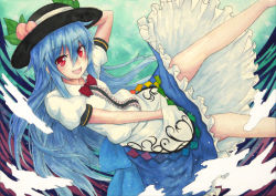 Rule 34 | 1girl, :d, apron, arm behind head, barefoot, between legs, black hat, blouse, blue hair, blue skirt, bow, bowtie, breasts, center frills, collared shirt, colored pencil (medium), commentary request, exlay1, eyelashes, feet out of frame, food, frilled skirt, frills, fruit, hand between legs, hat, hinanawi tenshi, leaf, long hair, looking at viewer, lying, millipen (medium), open mouth, painting (medium), peach, petticoat, pink frills, puffy short sleeves, puffy sleeves, rainbow order, red bow, red bowtie, red eyes, shirt, short sleeves, sidelocks, skirt, small breasts, smile, solo, spread legs, teeth, tongue, touhou, traditional media, waist apron, watercolor (medium), white frills, white shirt, wing collar