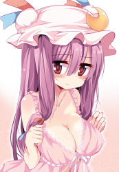Rule 34 | 1girl, alternate costume, babydoll, blush, breasts, cleavage, crescent, embarrassed, hair ribbon, hat, highres, large breasts, long hair, maturiuta sorato, patchouli knowledge, purple eyes, purple hair, revision, ribbon, solo, touhou