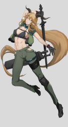 Rule 34 | 1girl, abs, absurdres, alternate costume, animal ears, arknights, arm up, black bra, black footwear, black gloves, blonde hair, boots, bra, breasts, chest strap, cleavage, commentary request, degenbrecher (arknights), full body, gloves, green jacket, grey pants, hair between eyes, high heel boots, high heels, highres, hip vent, holding, holding sword, holding weapon, horns, jacket, large breasts, long hair, looking at viewer, medium breasts, navel, open clothes, open jacket, pale laomo, pants, short sleeves, sidelocks, solo, stomach, sword, thigh strap, toned, underwear, very long hair, weapon, yellow eyes