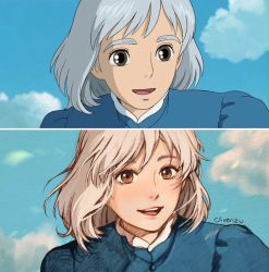 Rule 34 | 1girl, :d, bad id, bad twitter id, blue dress, blue sky, brown eyes, clivenzu, cloud, cloudy sky, commentary, day, derivative work, dress, english commentary, graphite (medium), grey hair, highres, howl no ugoku shiro, looking at viewer, open mouth, photo (medium), reference work, screencap, signature, sky, smile, solo, sophie (howl no ugoku shiro), traditional media