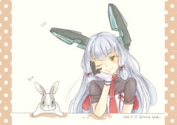 10s 1girl 2016 animal blunt_bangs casca_(casca_bask) dated dress gloves hair_ribbon hand_on_own_cheek hand_on_own_face headgear kantai_collection long_hair murakumo_(kancolle) necktie one_eye_closed rabbit remodel_(kantai_collection) ribbon sidelocks silver_hair smile twitter_username yellow_eyes