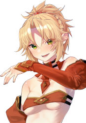 Rule 34 | 1girl, bare shoulders, blonde hair, blush, braid, breasts, collarbone, commentary request, detached sleeves, fate/grand order, fate (series), green eyes, hair ornament, hair scrunchie, highres, long hair, looking at viewer, lower teeth only, moai on, mordred (fate), mordred (fate/apocrypha), no nose, open mouth, ponytail, puffy sleeves, red scrunchie, red sleeves, scrunchie, simple background, small breasts, smile, solo, teeth, upper body, white background