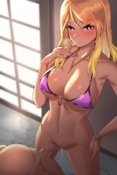 Rule 34 | 1boy, 1girl, absurdres, bald, bikini, bikini top only, black eyes, blonde hair, blush, bottomless, bracelet, breasts, breath, brown hair, clyde s, cunnilingus, dark-skinned female, dark skin, door, earrings, faceless, faceless male, gradient hair, gyaru, hand on own hip, heart, heart-shaped pupils, heavy breathing, hetero, highres, idolmaster, idolmaster shiny colors, indoors, izumi mei, jewelry, large breasts, long hair, looking at viewer, multicolored hair, nail polish, navel, necklace, nose blush, oral, purple bikini, purple nails, pussy juice, pussy juice trail, solo focus, standing, stomach, sweat, swimsuit, symbol-shaped pupils, underboob