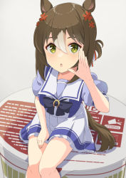 Rule 34 | 1girl, blush, breasts, brown hair, commentary request, fine motion (umamusume), folded ponytail, green eyes, hair ornament, highres, horse girl, instant ramen, looking at viewer, nissin cup noodle, school uniform, shiromaru illust, simple background, sitting, small breasts, solo, tracen school uniform, umamusume, white background