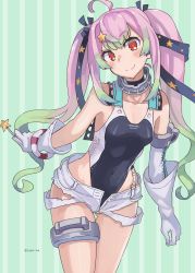 Rule 34 | 1girl, ahoge, black one-piece swimsuit, blush, candy, closed mouth, clothes writing, collarbone, competition swimsuit, cosplay, food, gloves, gradient hair, green hair, hair between eyes, hair ornament, highleg, highleg swimsuit, highres, holding, holding candy, holding food, kantai collection, long hair, momo (kancolle), multicolored hair, one-piece swimsuit, orange eyes, pink hair, scamp (kancolle), scamp (kancolle) (cosplay), short shorts, shorts, smile, solo, star (symbol), star hair ornament, striped, striped background, sugue tettou, swimsuit, torn clothes, torn shorts, twintails, twitter username, vertical stripes, white gloves, white shorts