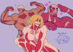 Rule 34 | 2boys, 2girls, annie leonhart, armored titan, back, blonde hair, blue eyes, breasts, colossal titan, doodle inset, double biceps pose, exposed muscle, feet out of frame, female titan, flexing, from behind, hands up, happy aura, large breasts, looking ahead, male focus, multiple boys, multiple girls, shingeki no kyojin, short hair, simple background, sparkling aura, squatting, thick eyebrows, titan (shingeki no kyojin), youkan (tako)