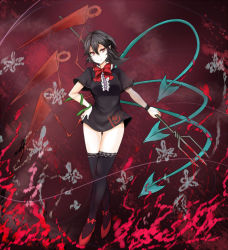 Rule 34 | 1girl, asymmetrical wings, black hair, black thighhighs, blood, bow, dress, fang, female focus, full body, houjuu nue, legs, polearm, red eyes, solo, spear, takaharu, thighhighs, touhou, trident, weapon, wings