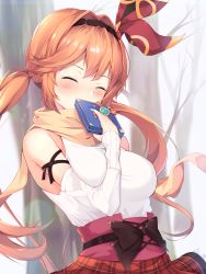 Rule 34 | 1girl, ^ ^, arm between breasts, blush, breasts, brown hair, clarisse (granblue fantasy), clarisse (valentine) (granblue fantasy), closed eyes, covered mouth, detached sleeves, floating hair, fog, gift, granblue fantasy, hairband, highres, holding, holding gift, long hair, orange scarf, outdoors, plaid, plaid skirt, ponytail, ranju aira, red skirt, sash, scarf, sidelocks, skirt, solo, sweater, tree, tsurime, upper body, valentine, white sweater, wind