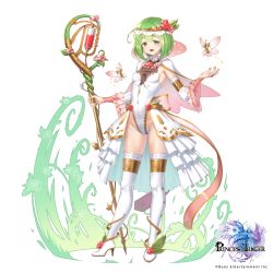 Rule 34 | 1girl, absurdres, ahoge, blush, boots, bow, breasts, bug, butterfly, detached sleeves, full body, green eyes, green hair, headband, high heel boots, high heels, highres, holding, holding staff, insect, leotard, official art, pink bow, princess trigger, saruchitan, simple background, small breasts, staff, standing, thigh boots, thighhighs, watermark, white background, white leotard, white thighhighs